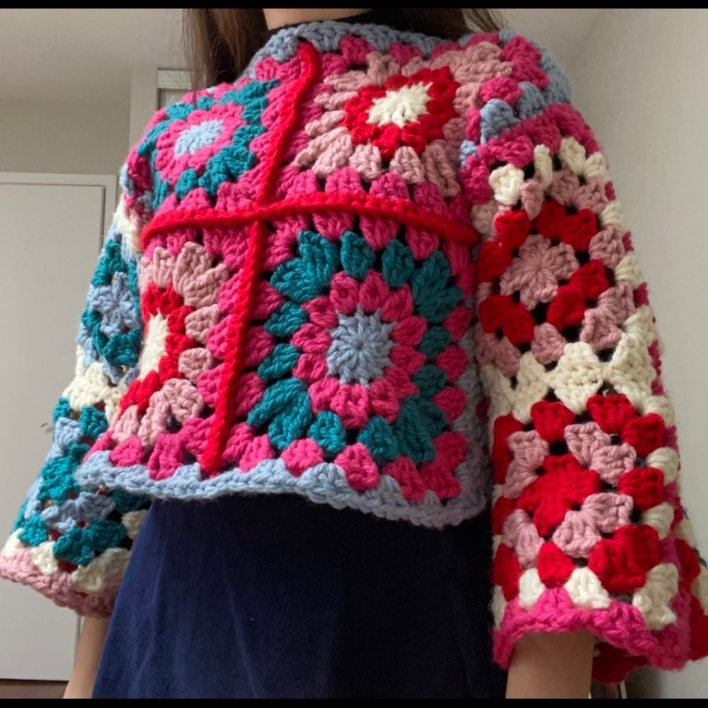 Handmade Crochet Granny Square Chunky Reversible Sweater with Floral Patchwork - Picture 8 of 8